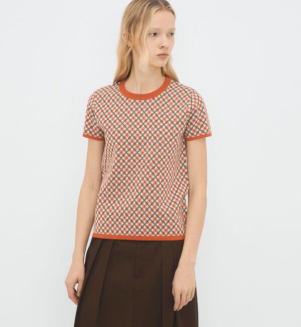 CABaN「コットンポリエステル チェックジャカード ショートスリーブプルオーバー」|ニット・セーター|