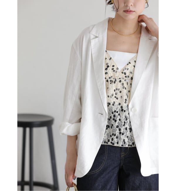  「【洗える】ウォッシャブルリネン混ジャケット」|テーラードジャケット|ホワイト