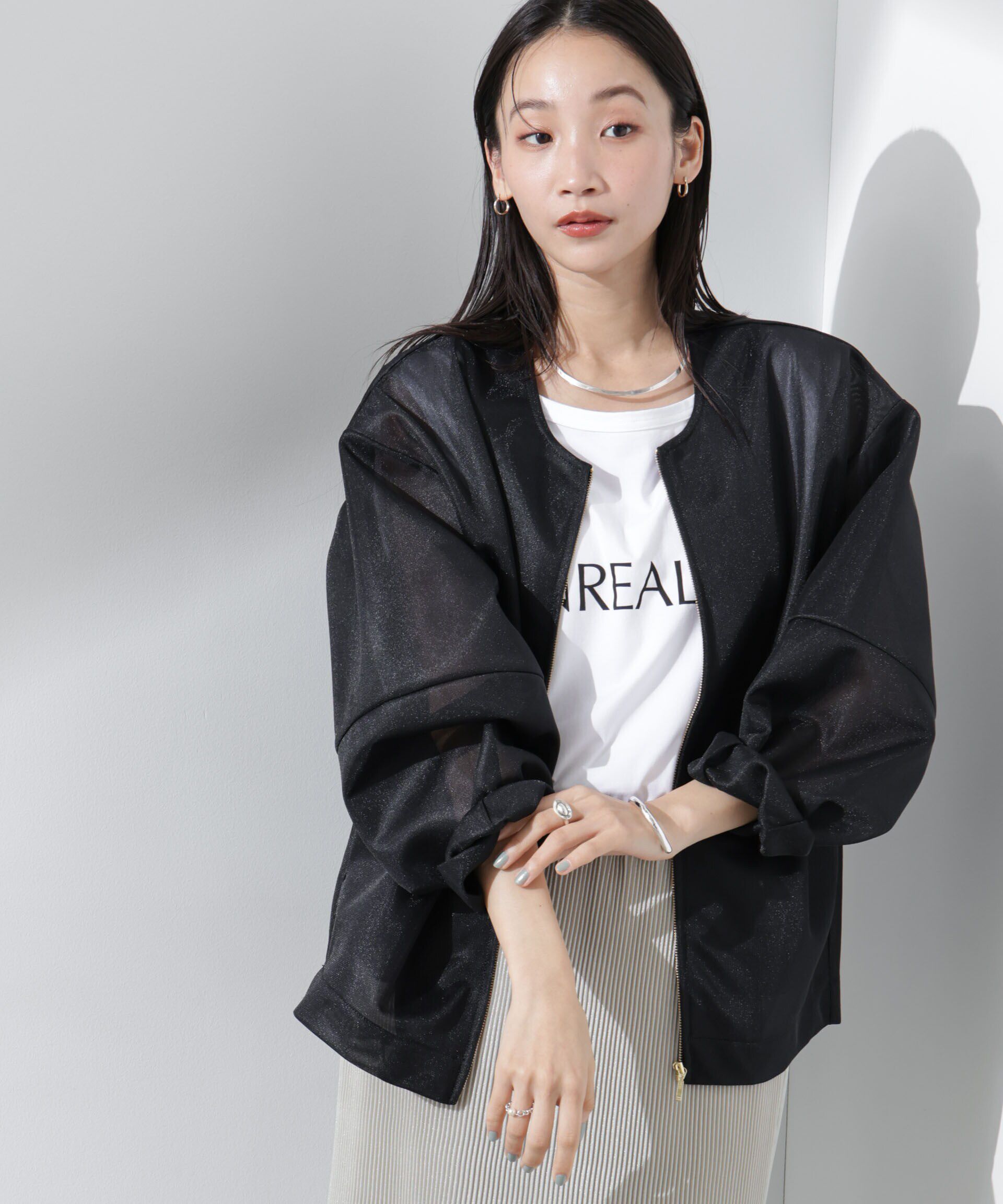 nano･universe「シアーダンボールカットノーカラーZIPupジャケット」|テーラードジャケット|