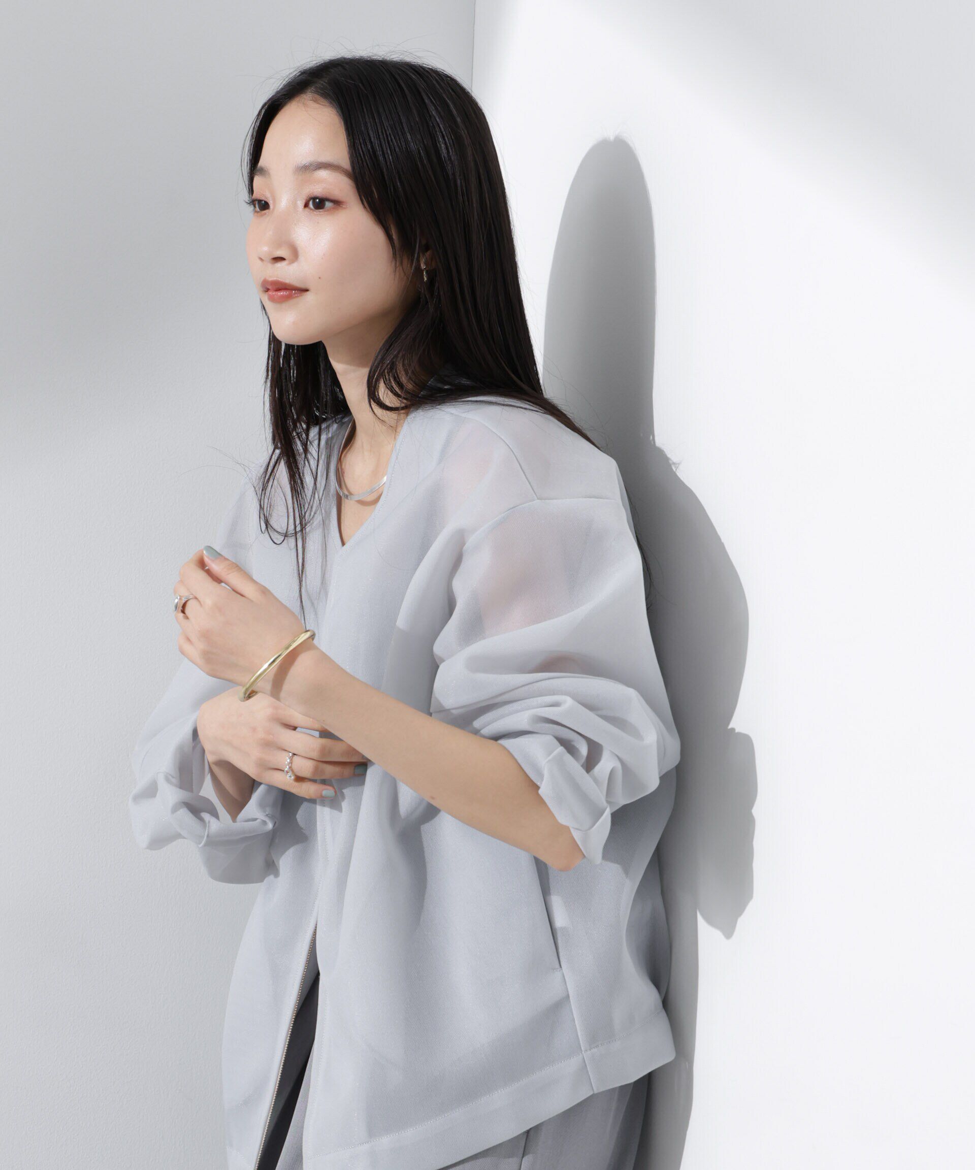 nano･universe「シアーダンボールカットノーカラーZIPupジャケット」|テーラードジャケット|