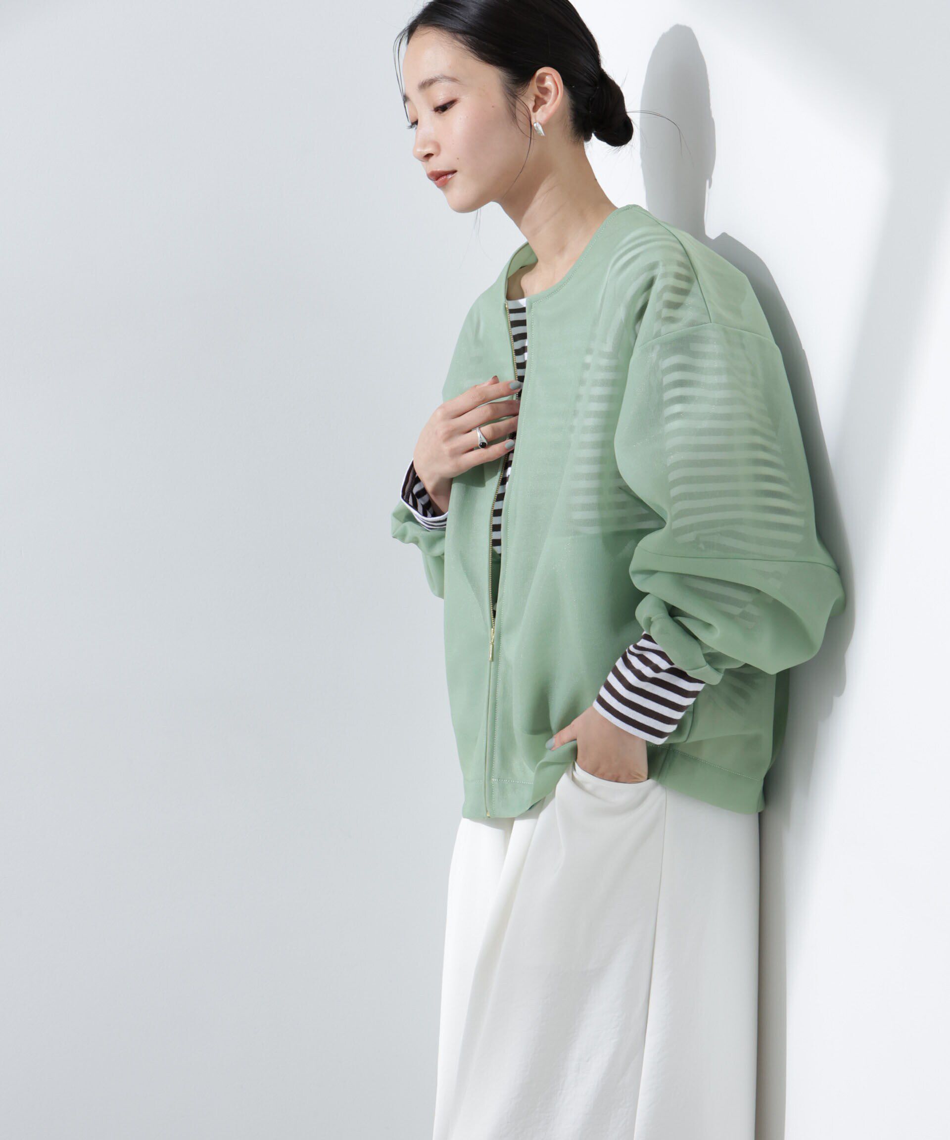 nano･universe「シアーダンボールカットノーカラーZIPupジャケット」|テーラードジャケット|