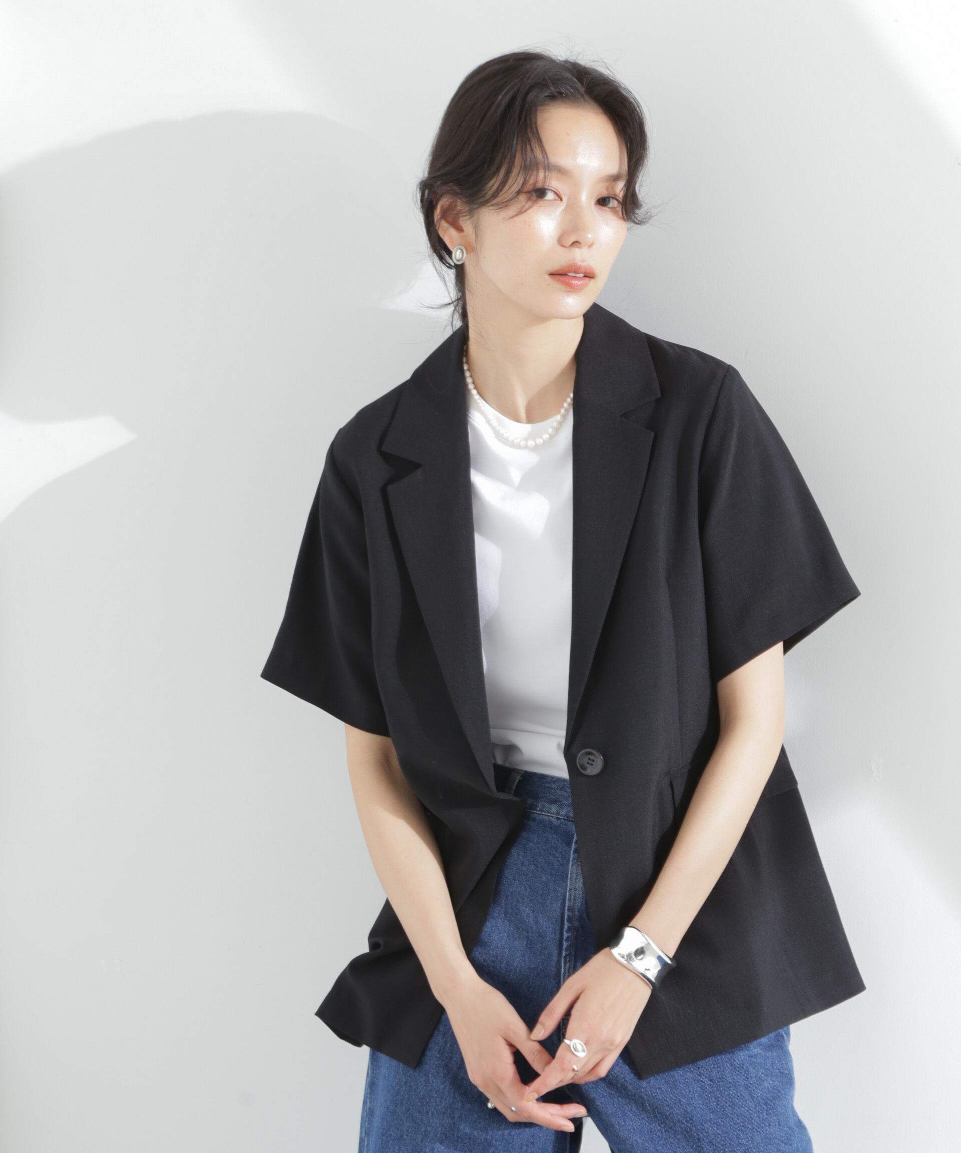 nano･universe「メランジドライ 半袖テーラードジャケット(セットアップ可)」|テーラードジャケット|ブラック