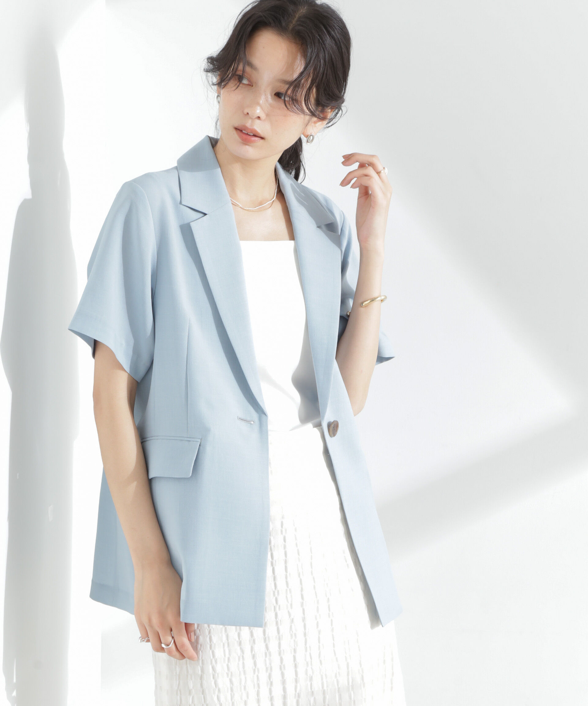 nano･universe「メランジドライ 半袖テーラードジャケット(セットアップ可)」|テーラードジャケット|L.ブルー1