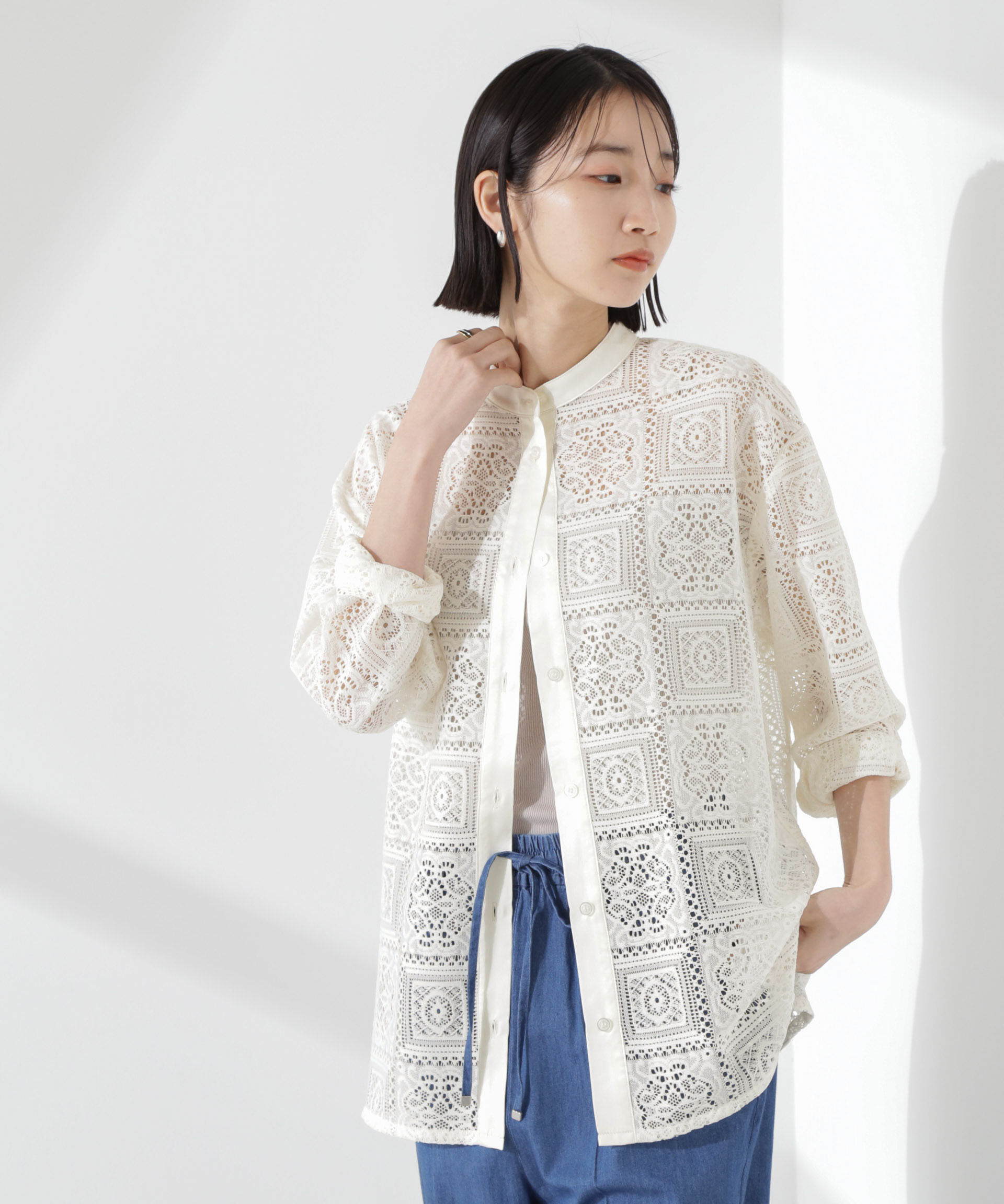 nano･universe「バンドカラーレースシャツ (セットアップ可)」|シャツ・ブラウス|