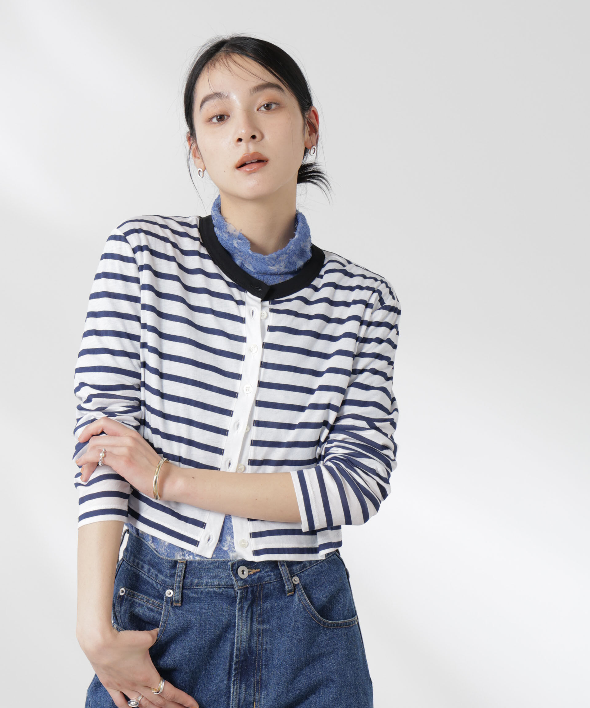 nano･universe「ボーダーシアーコットンカーディガン」|Tシャツ・カットソー|パターン1