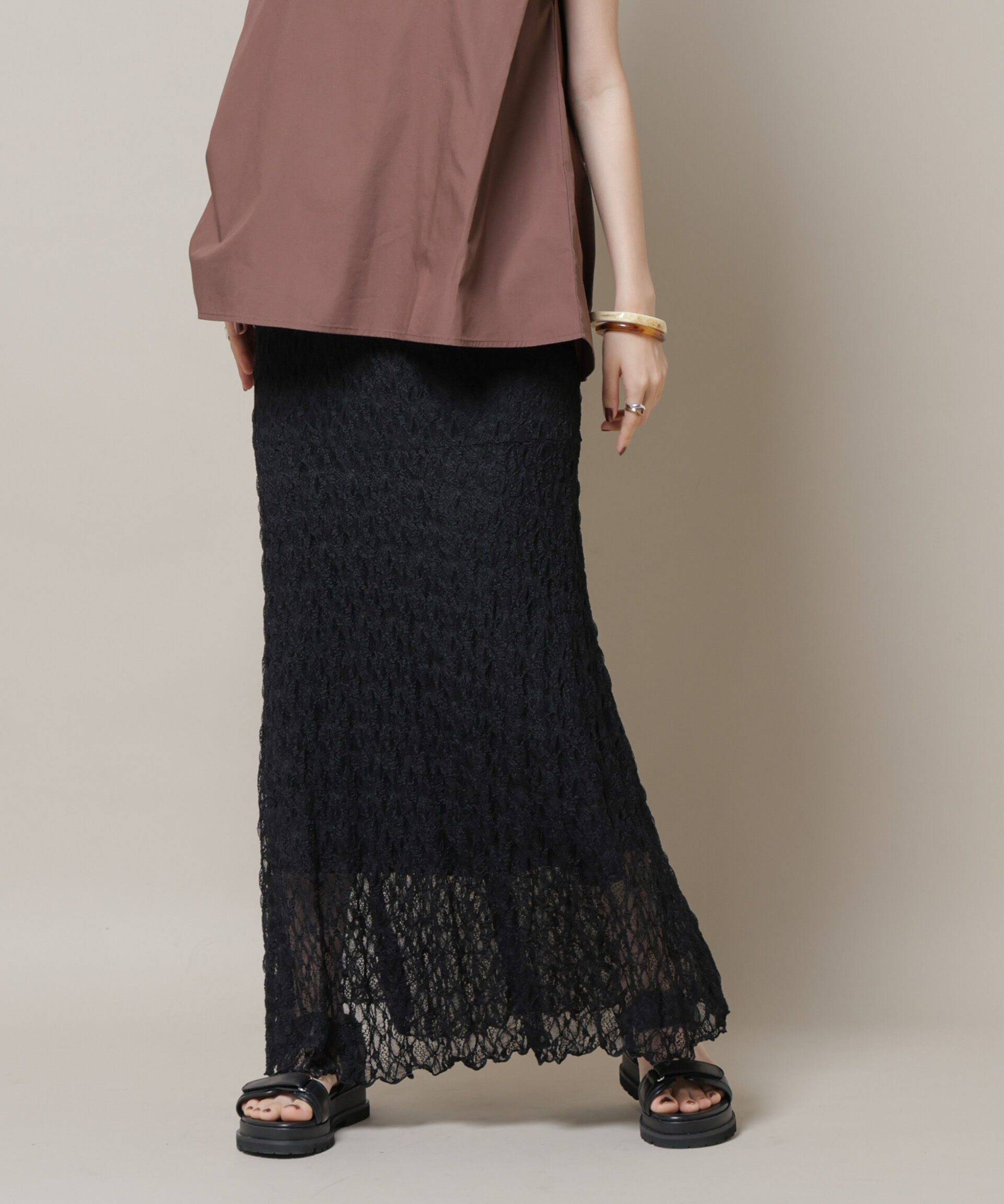 nano･universe「シアーレースフレアスカート(セットアップ可)」|スカート|ブラック