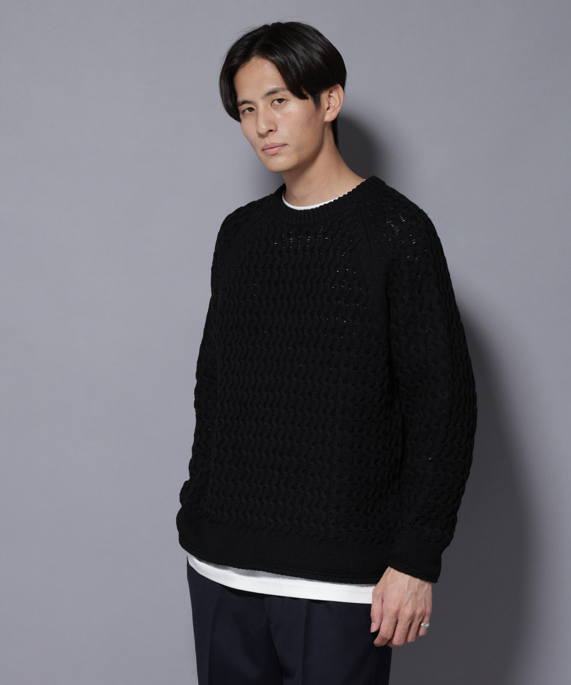 nano･universe「ヴァーグケーブルラグランニット」|ニット・セーター|ブラック