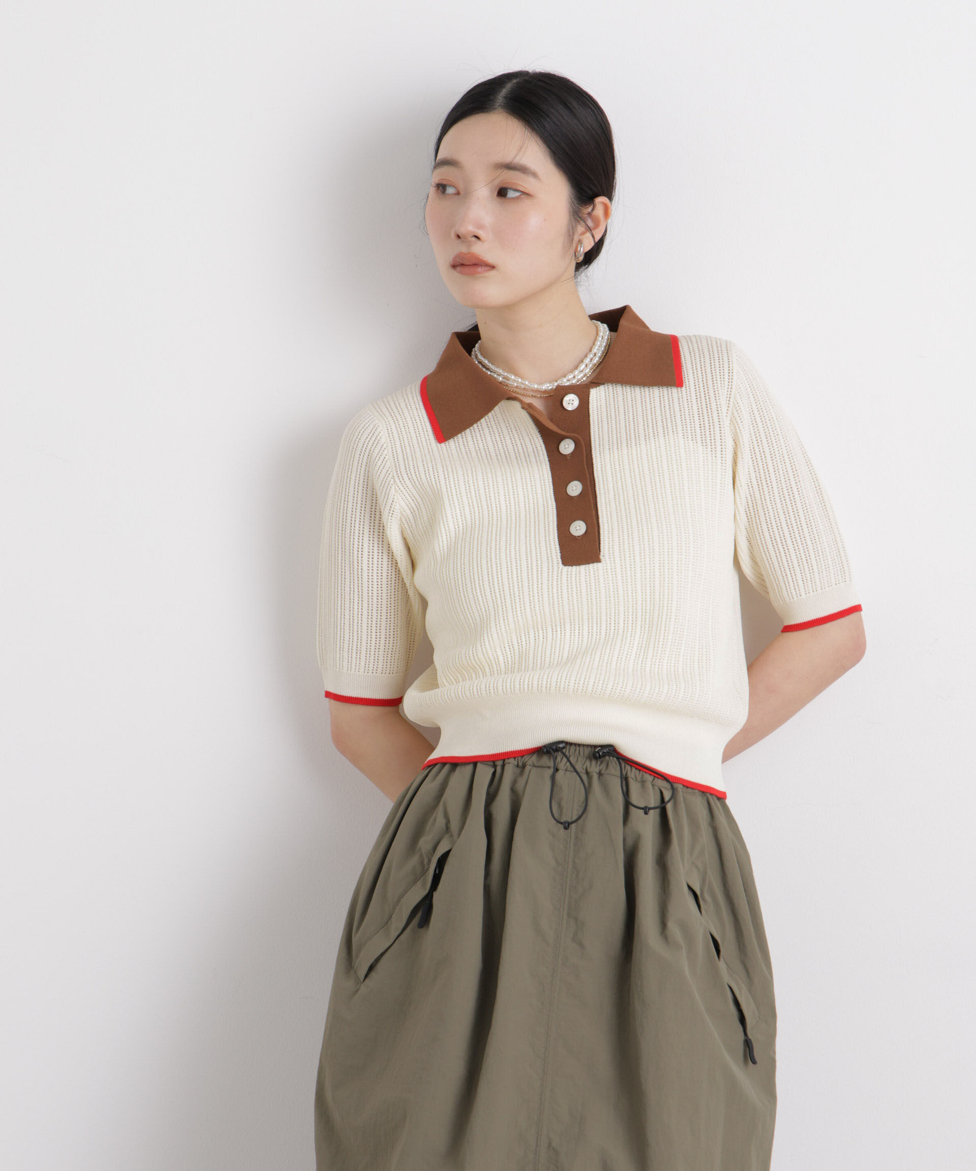 nano･universe「フレームラインアイレットポロニット」|ニット・セーター|オフホワイト1