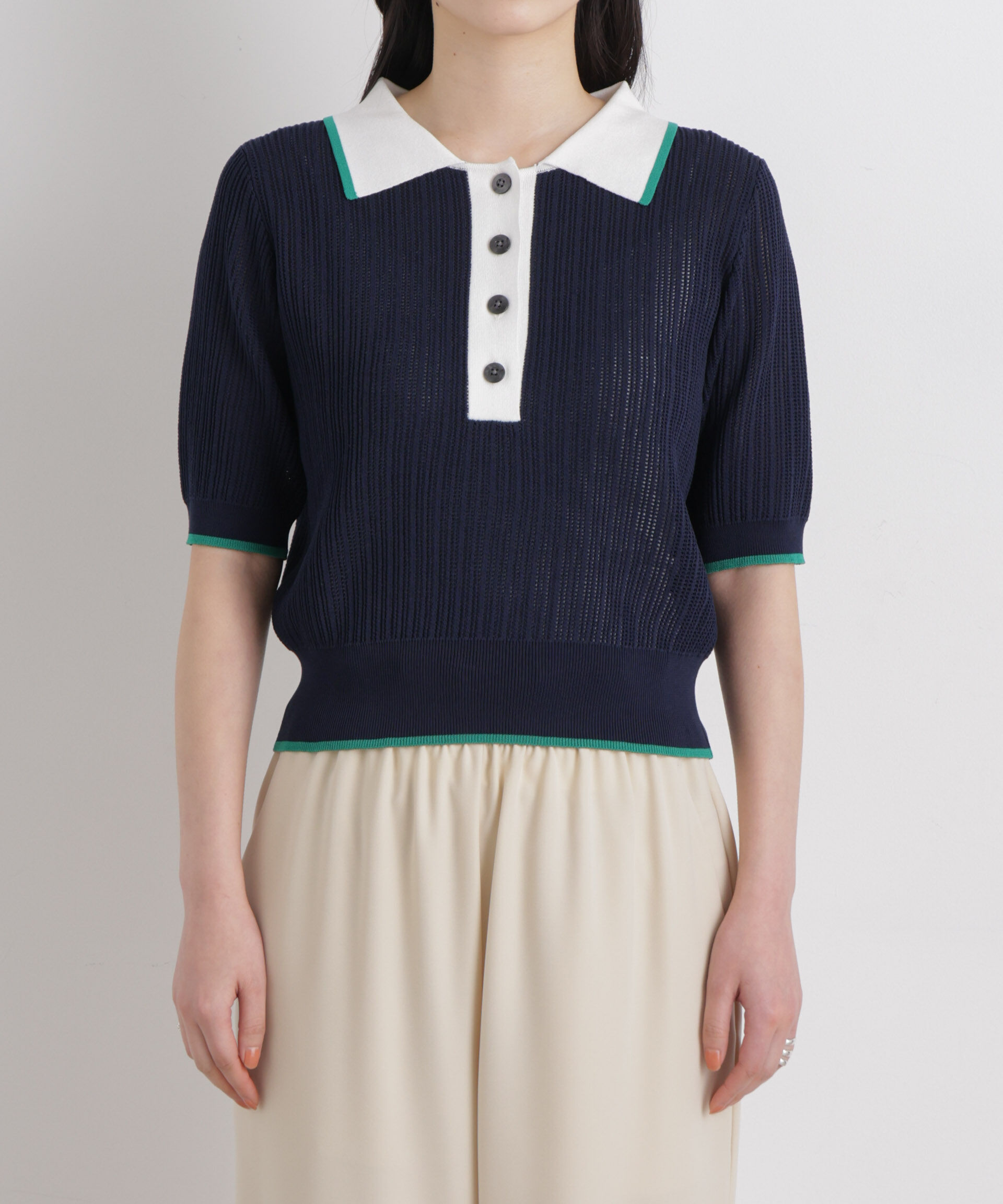 nano･universe「フレームラインアイレットポロニット」|ニット・セーター|