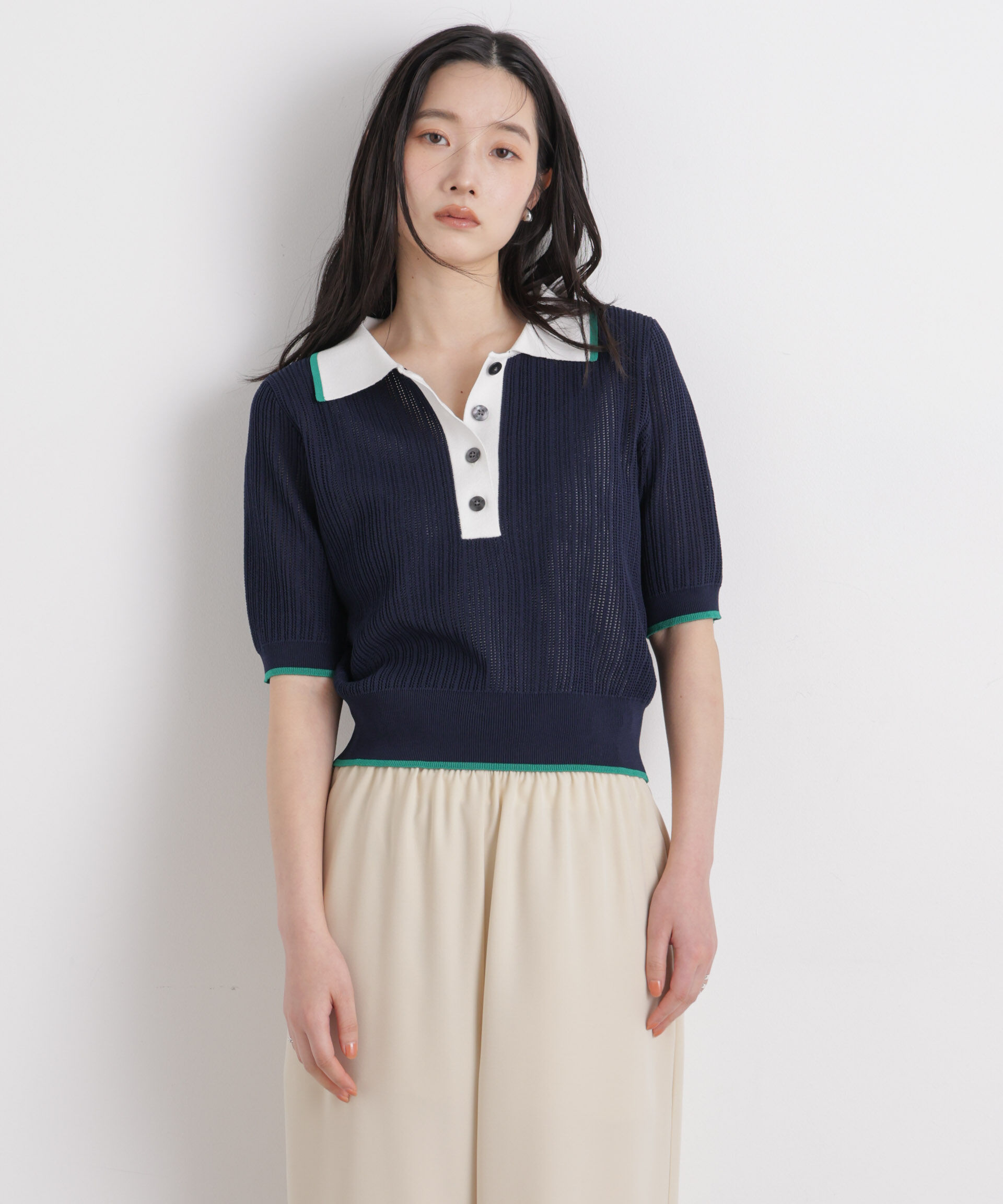 nano･universe「フレームラインアイレットポロニット」|ニット・セーター|