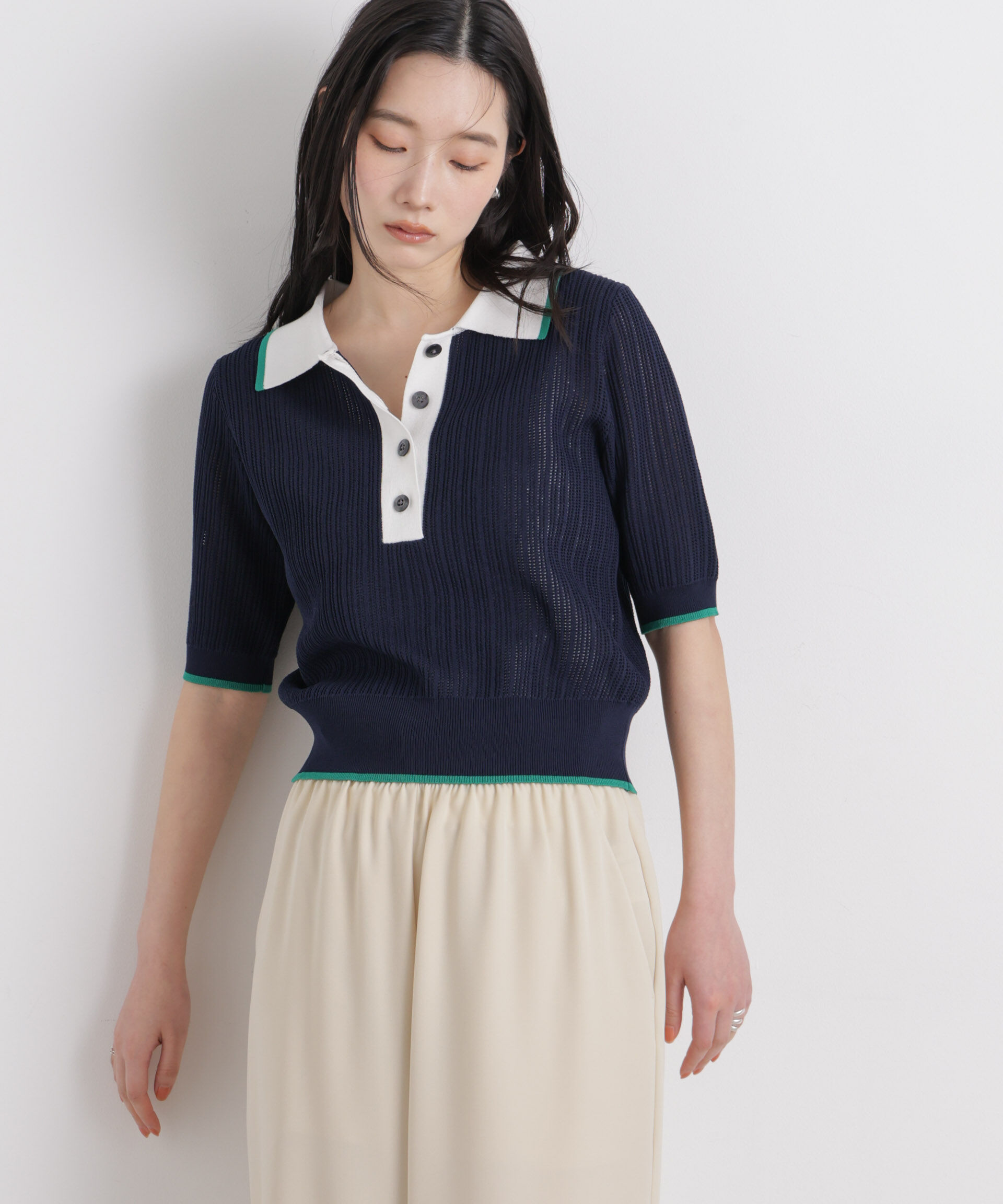 nano･universe「フレームラインアイレットポロニット」|ニット・セーター|