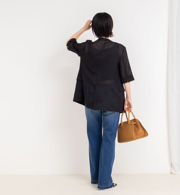 NOLLEY'S「ウォッシャブルリネン風シアー5分袖ジャケット」|ノーカラージャケット|