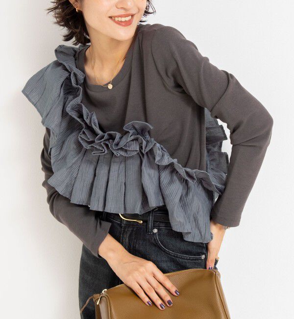 Rie Miller「3WAYリブフリルロンT」|Tシャツ・カットソー|ミディアムグレー