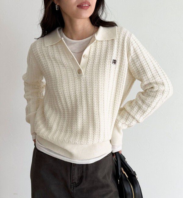 fredy emue「FR刺繍ケーブル柄ポロ衿ニットプルオーバー」|ニット・セーター|オフホワイト