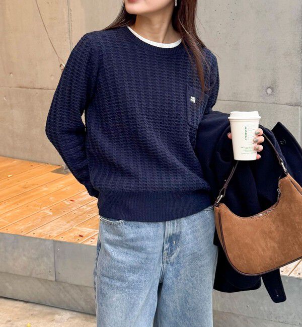 fredy emue「FR刺繍ケーブル柄ちびポケニットプルオーバー」|ニット・セーター|ネイビー