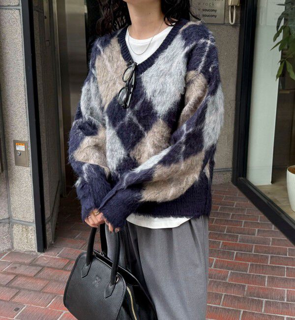 fredy emue「アーガイル柄起毛Ｖネックニット」|ニット・セーター|