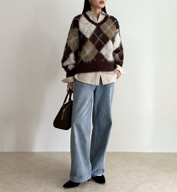 fredy emue「アーガイル柄起毛Ｖネックニット」|ニット・セーター|