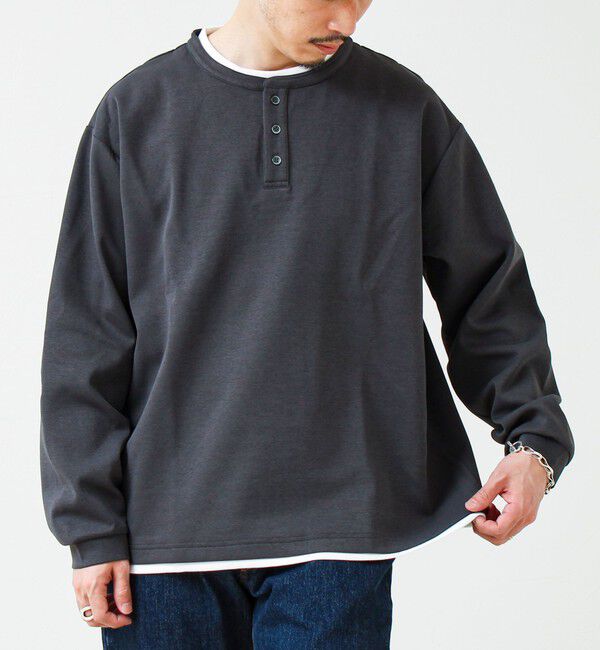 GLOSTER「【1枚で完成する】杢ダンボール ヘンリーネックフェイクレイヤー ロンT」|Tシャツ・カットソー|チャコールグレー