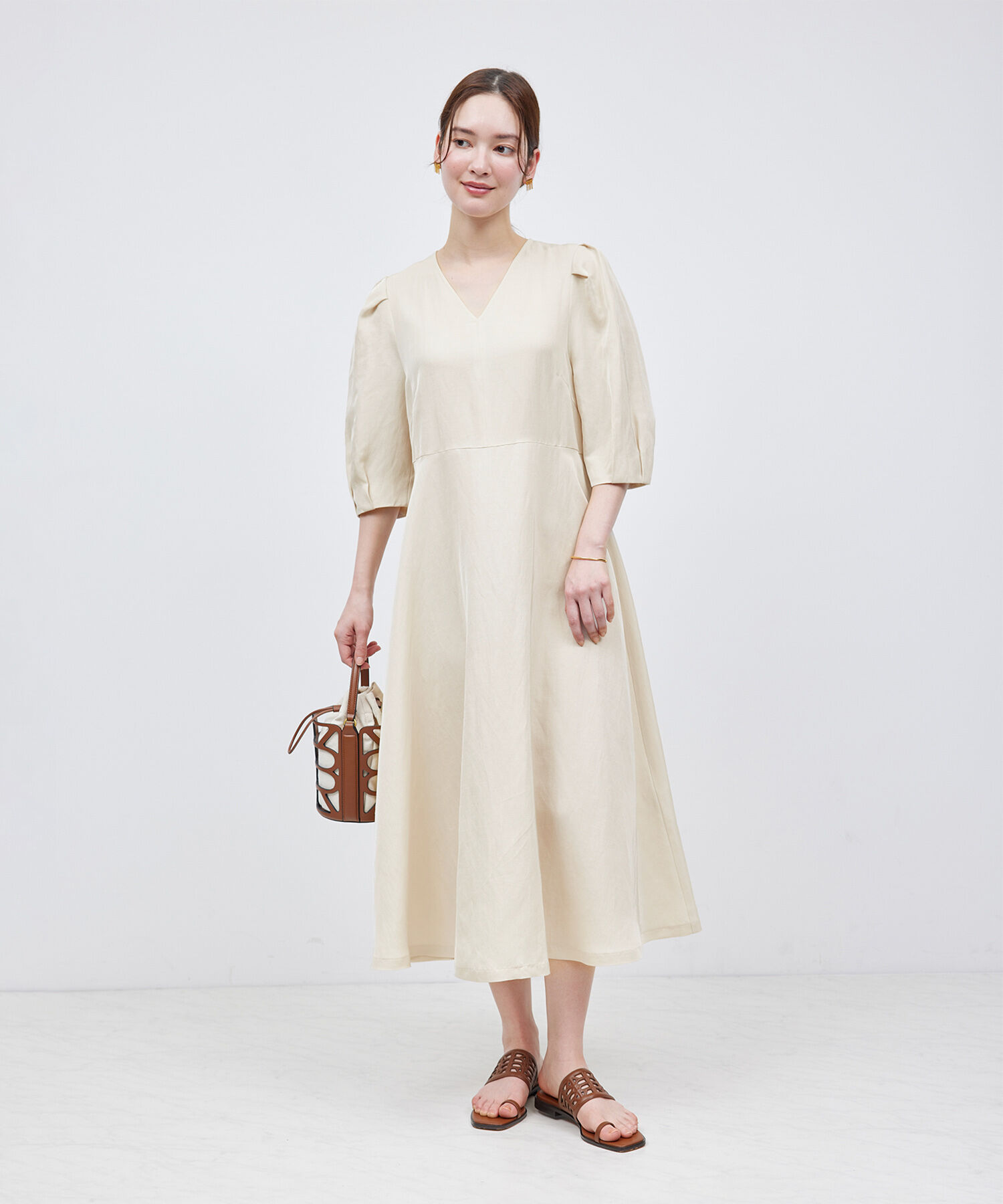 ROPE「パフスリーブベルテッドリネンワンピース」|ワンピース|