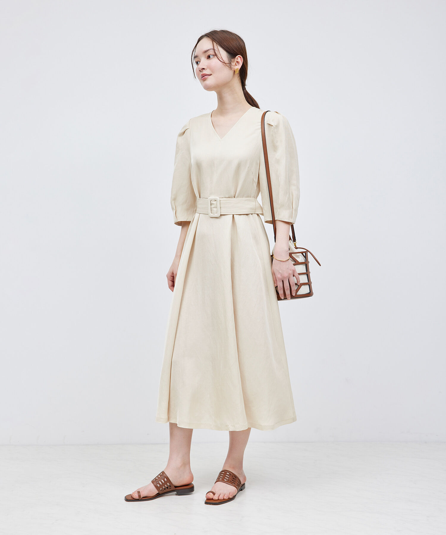 ROPE「パフスリーブベルテッドリネンワンピース」|ワンピース|