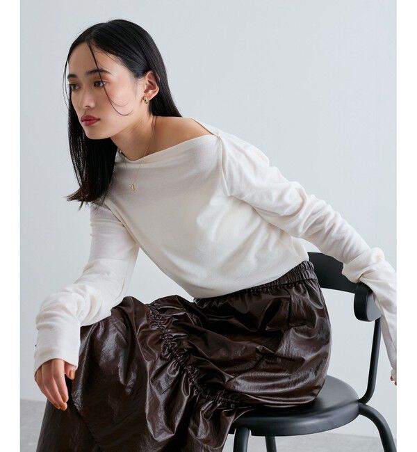 VIS「【洗える】ドレープオフショルダーロングTシャツ」|Tシャツ・カットソー|