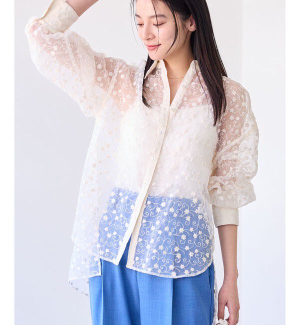 VIS「【洗える】アソートシアーシャツ(フラワー刺繍&無地）」|シャツ・ブラウス|オフホワイト(15)