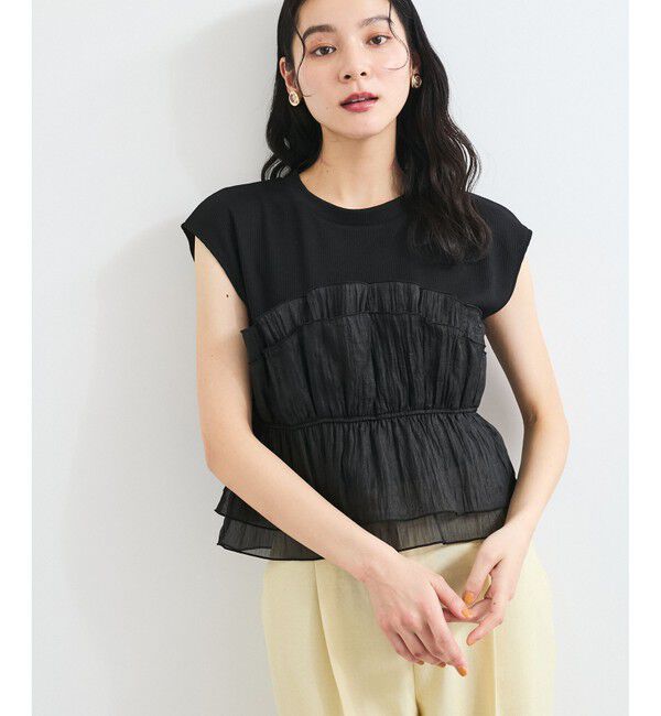 VIS「旬なレイヤードスタイルが叶う！ビスチェドッキングフレンチスリーブプルオーバー【洗える】」|Tシャツ・カットソー|ブラック系(02)