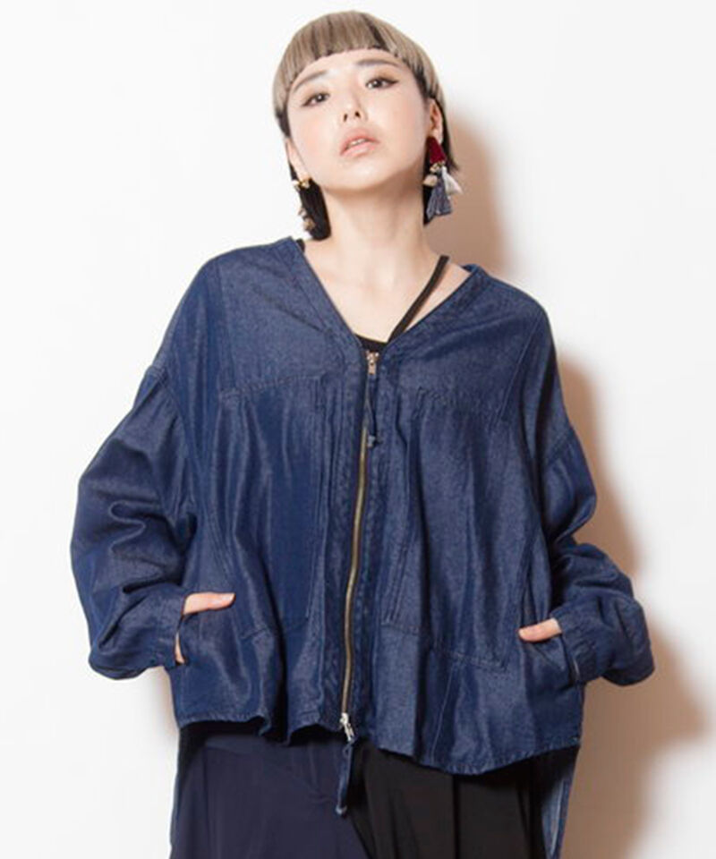  「ポケットジップデニムジャケット」|ノーカラーコート|BLUE