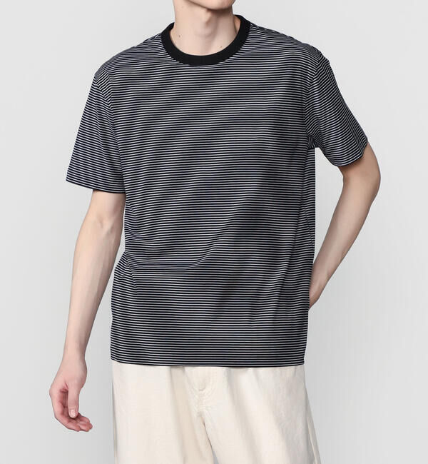 handvaerk「handvaerk | 60/2 クルーネック半袖Tシャツ STRIPE MEN」|Tシャツ・カットソー|BLACK系1