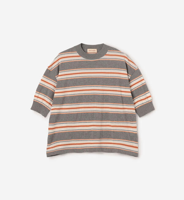  「MEYAME |〈別注〉コットンニット ボーダー半袖Tシャツ WOMEN」|ニット・セーター|GREY系1