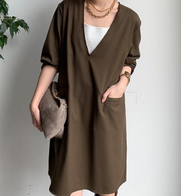  「深Vチュニックワンピース」|ワンピース|カーキ