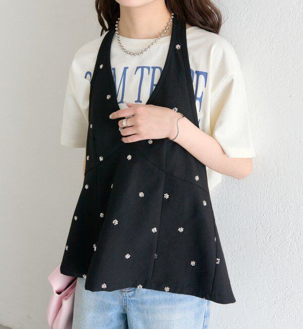  「ビジューフラワーホルタービスチェ」|シャツ・ブラウス|ブラック