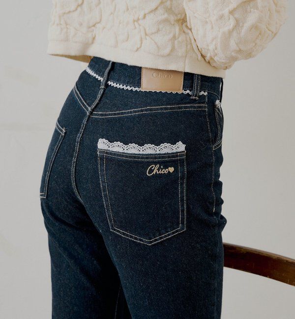  「レースデザインフレアデニム」|デニム|ネイビー
