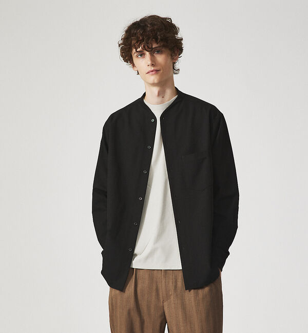 ABAHOUSE「【変形襟】シャンブレーツイル カラーレス シャツ / バンドカラーシャツ / 従」|シャツ・ブラウス|ブラック