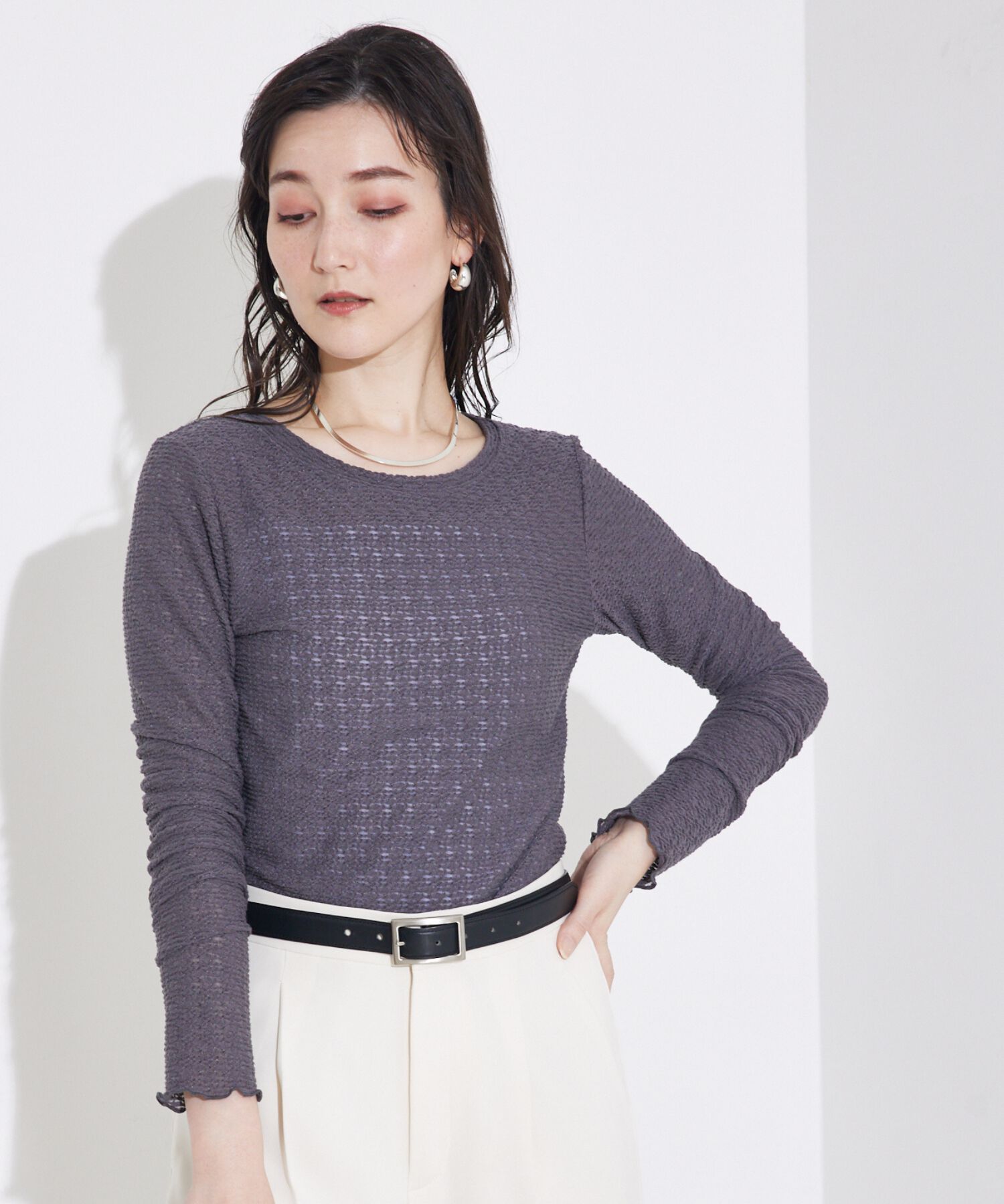 qualite「ジャカードニットメロウトップス」|Tシャツ・カットソー|チャコールグレー