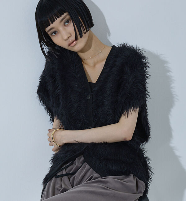 NOMINE「ロング フェザー ニットベスト カーディガン」|ベスト・ジレ|ブラック