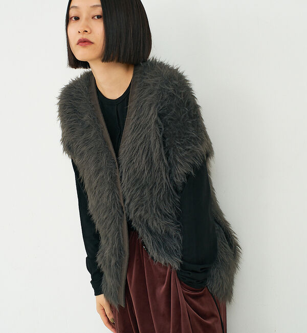 NOMINE「ロング フェザー ニットベスト カーディガン」|ベスト・ジレ|チャコールグレー