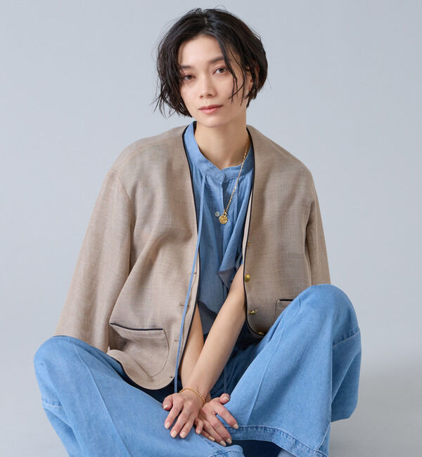 Liesse「麻調バイカラーメッシュジャケット」|ノーカラージャケット|生成り