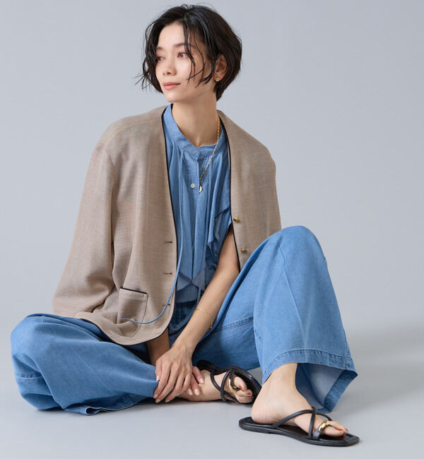 Liesse「麻調バイカラーメッシュジャケット」|ノーカラージャケット|