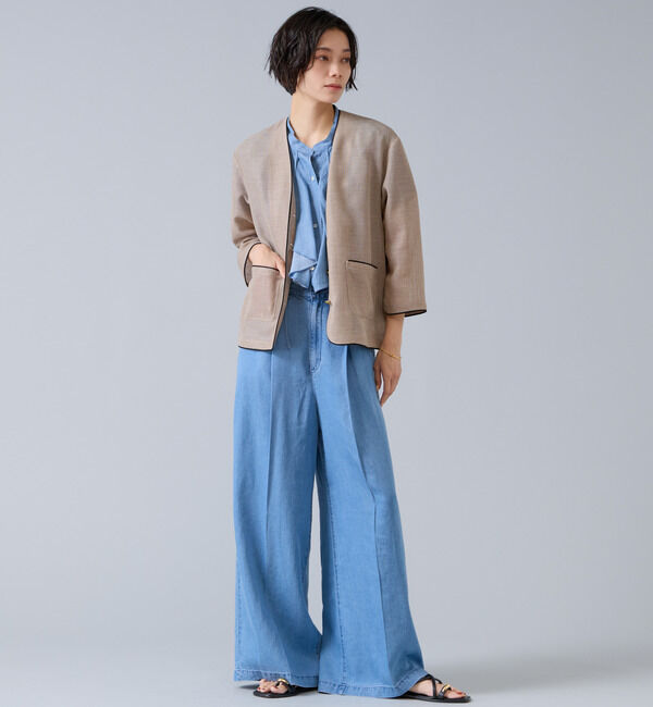 Liesse「麻調バイカラーメッシュジャケット」|ノーカラージャケット|