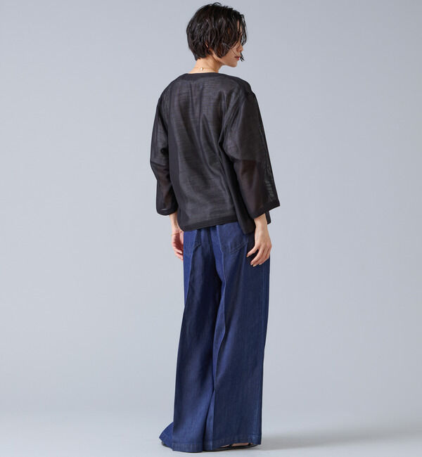 Liesse「麻調バイカラーメッシュジャケット」|ノーカラージャケット|