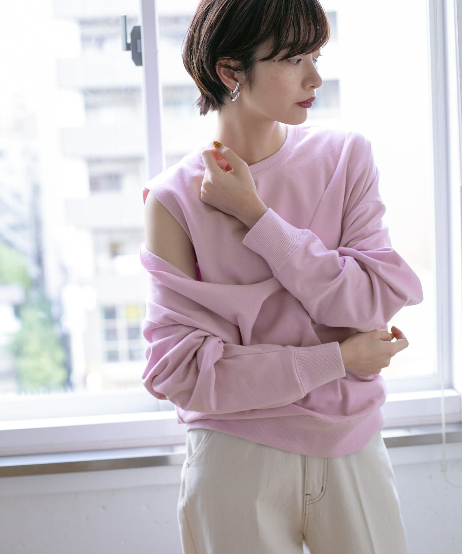  「深VネックSETスウェット&there4;」|Tシャツ・カットソー|ピンク