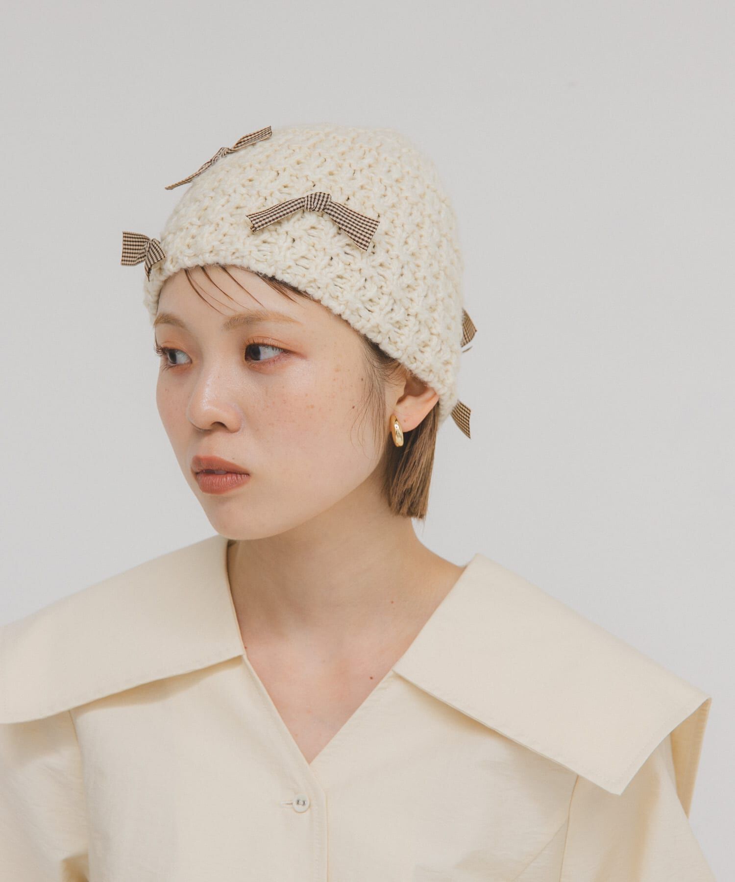  「チェックリボンニットビーニー」|ニット帽|