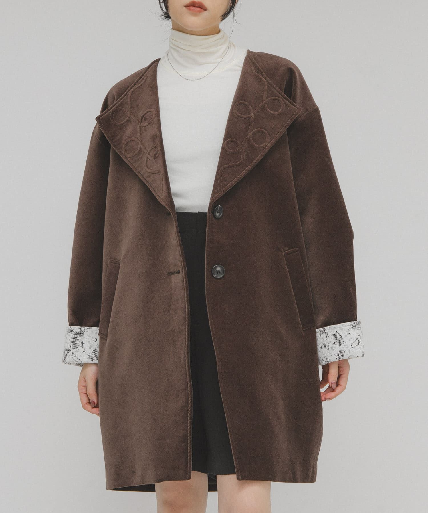  「ベロアBIGジャケット」|ノーカラーコート|