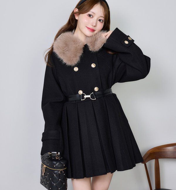  「ウエストベルト付きフェイクファー襟ミドルコート」|その他|