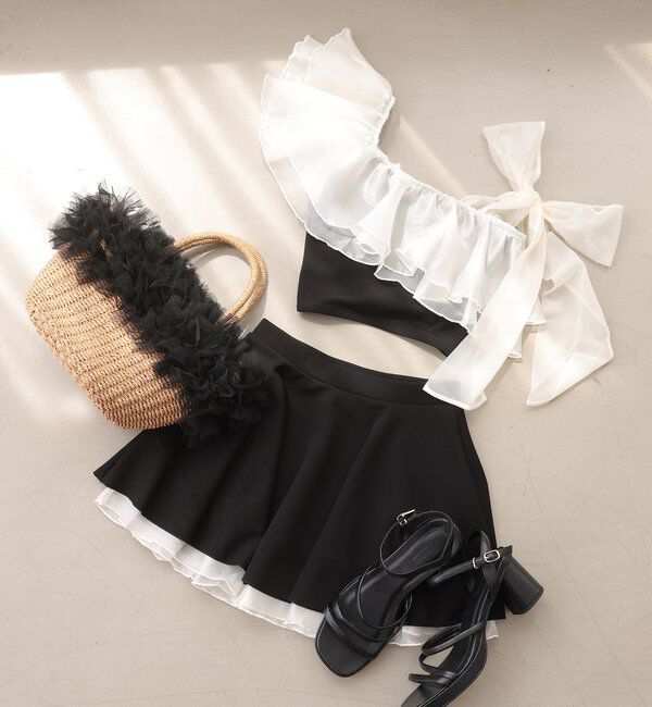  「swimwear/肩リボンワンショル+フレアミニスカート(3点セット)」|その他|