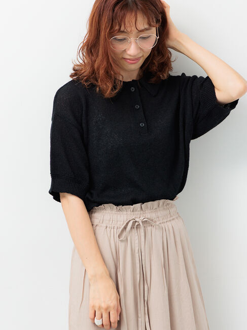 Lugnoncure「ブークレ半袖ポロニット」|ニット・セーター|ブラック