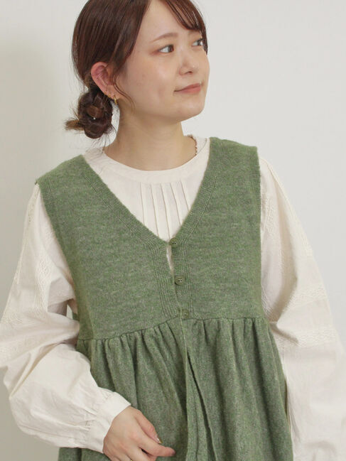 Samansa Mos2「Vネック裾フリル前後2WAYニットベスト」|ダウンベスト・ベスト|グリーン