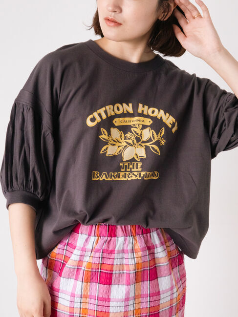 Samansa Mos2「プリントアソートパフスリーブカットソー」|Tシャツ・カットソー|チャコールグレー