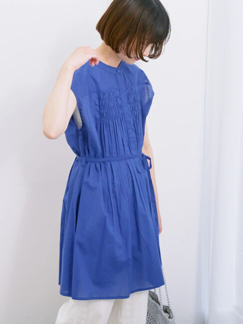 Samansa Mos2 blue「【Made in India】シャーリングノースリーブチュニック」|シャツ・ブラウス|